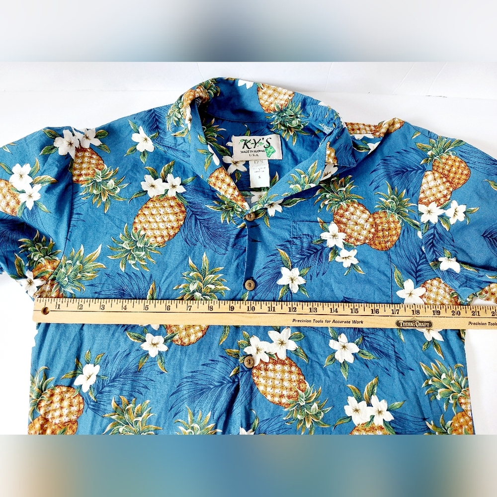 Pineapple & Plumeria Flower Blue Hawaiian Shirt size Small Ky's Hawaii Magnum PI - Picture 4 of 5